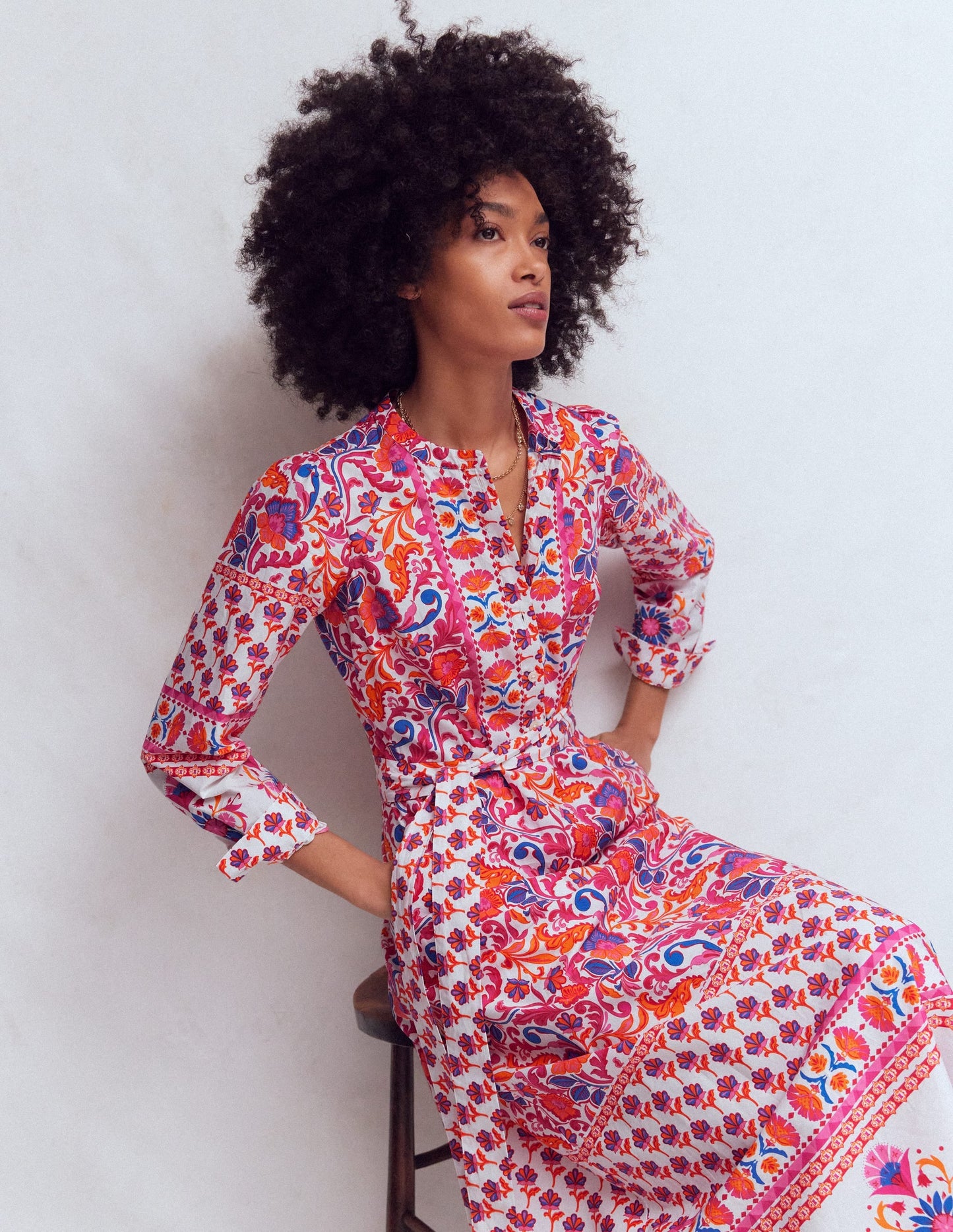 Ava Cotton Midi Dress-Pink Flourishing Meadow Border