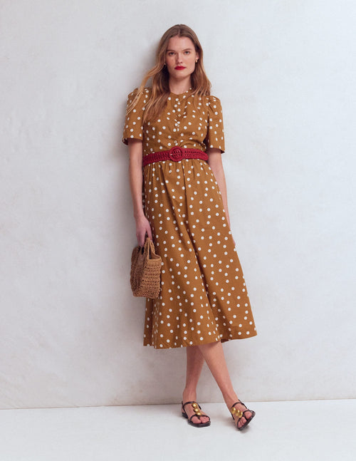 Ivy Button Cotton Midi Dress-Brown Painted Dot Spaced