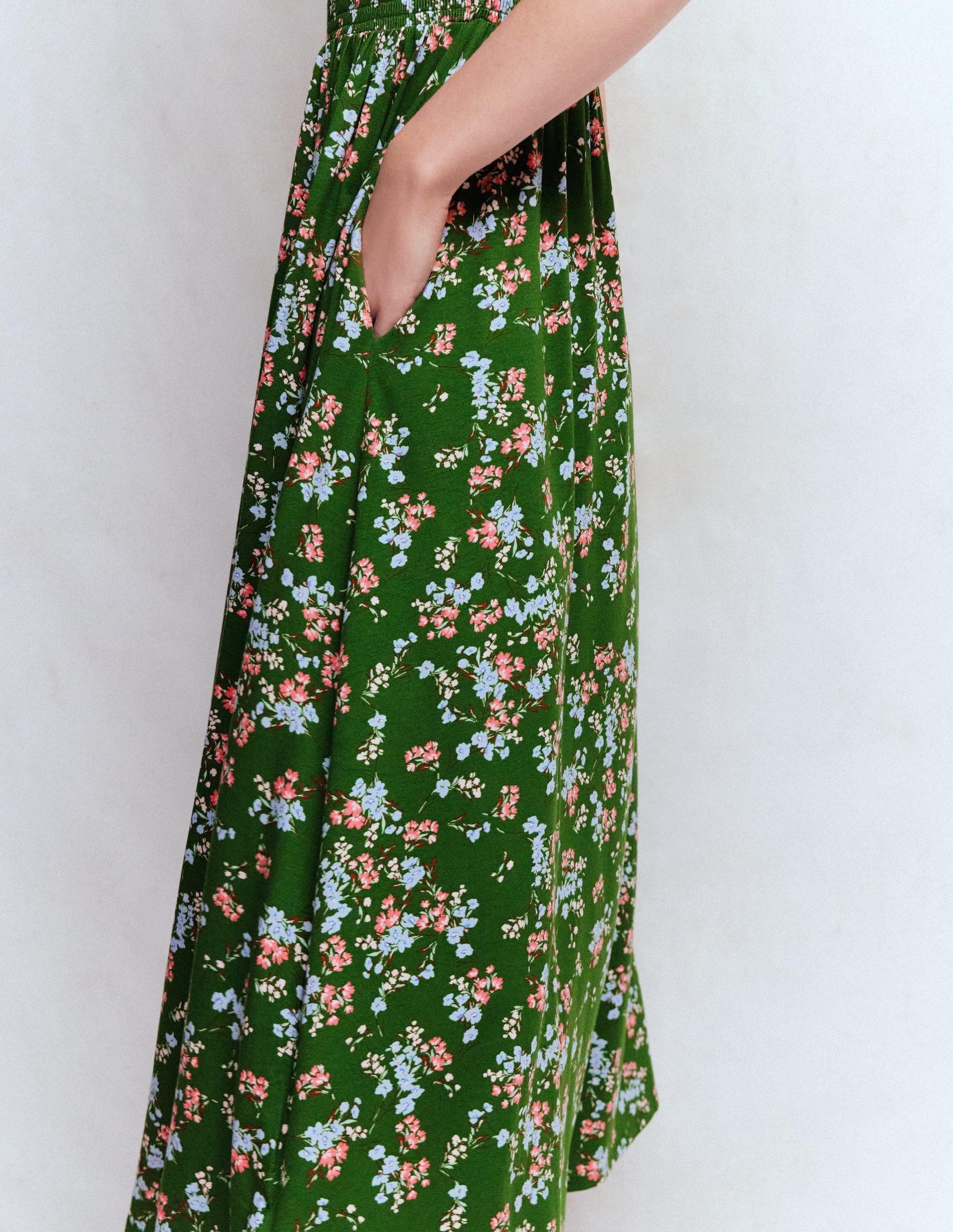 Smocked Jersey Midi Dress-Promenade Green, Bloom Scatter