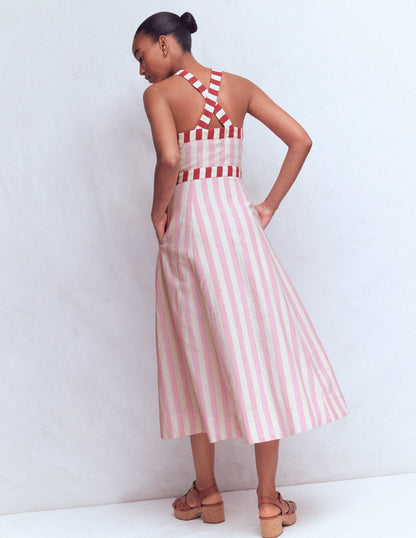Cross-back Linen Blend Dress-Orchid Pink Stripe
