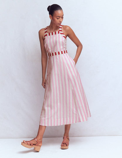 Cross-back Linen Blend Dress-Orchid Pink Stripe
