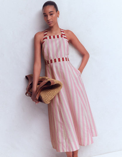 Cross-back Linen Blend Dress-Orchid Pink Stripe