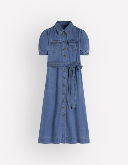 Puff Sleeve Denim Shirt Dress-Mid Vintage
