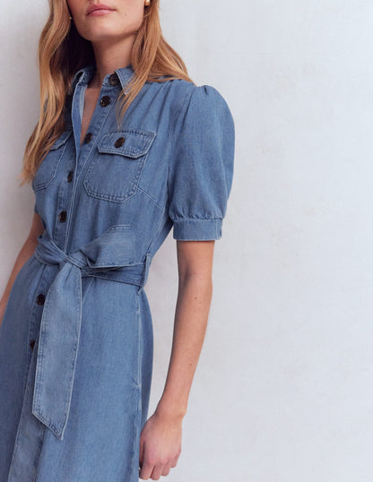 Puff Sleeve Denim Shirt Dress-Mid Vintage
