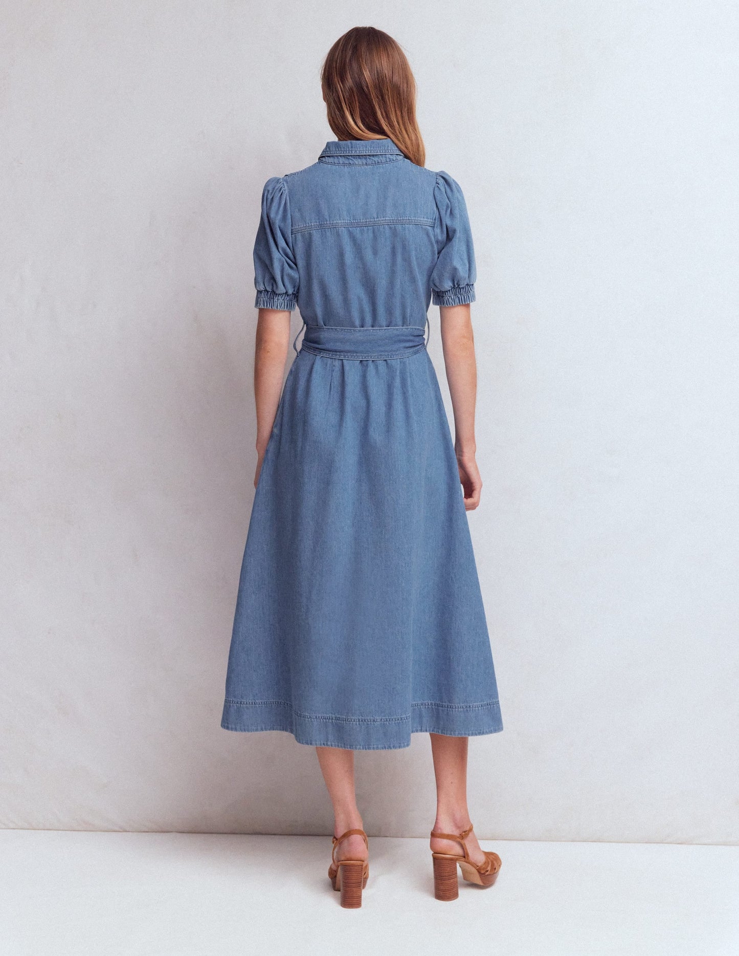 Puff Sleeve Denim Shirt Dress-Mid Vintage
