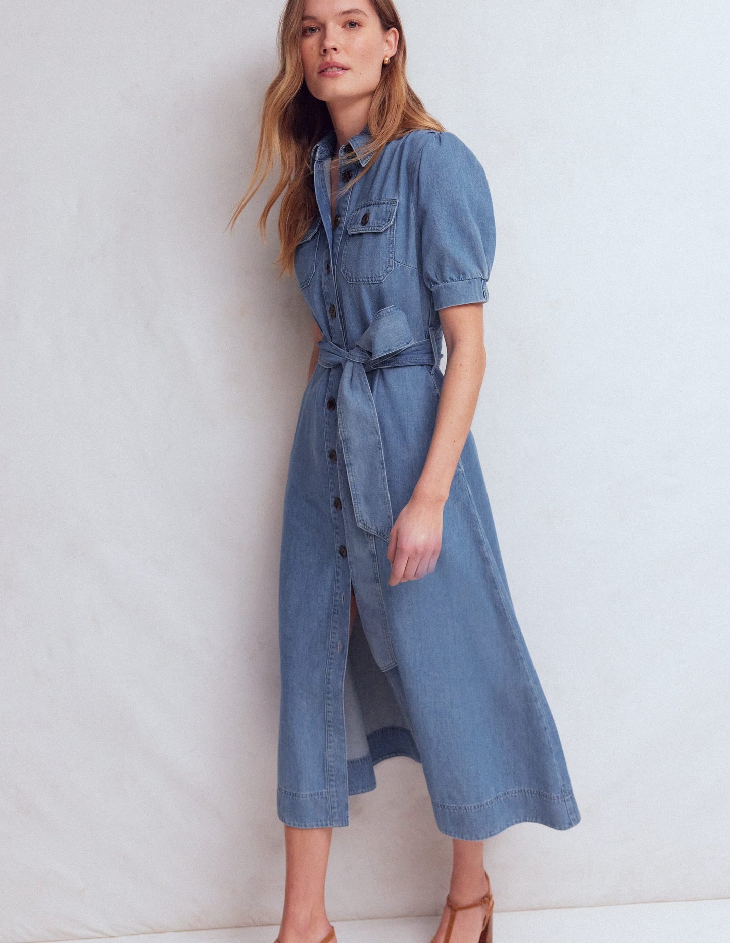 Puff Sleeve Denim Shirt Dress-Mid Vintage