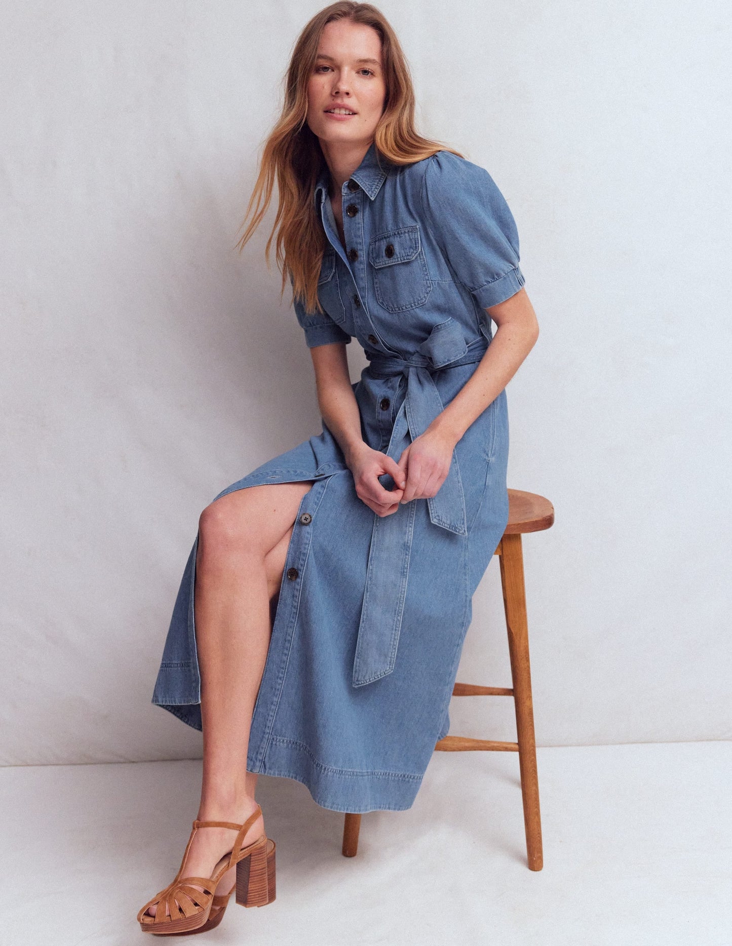 Puff Sleeve Denim Shirt Dress-Mid Vintage