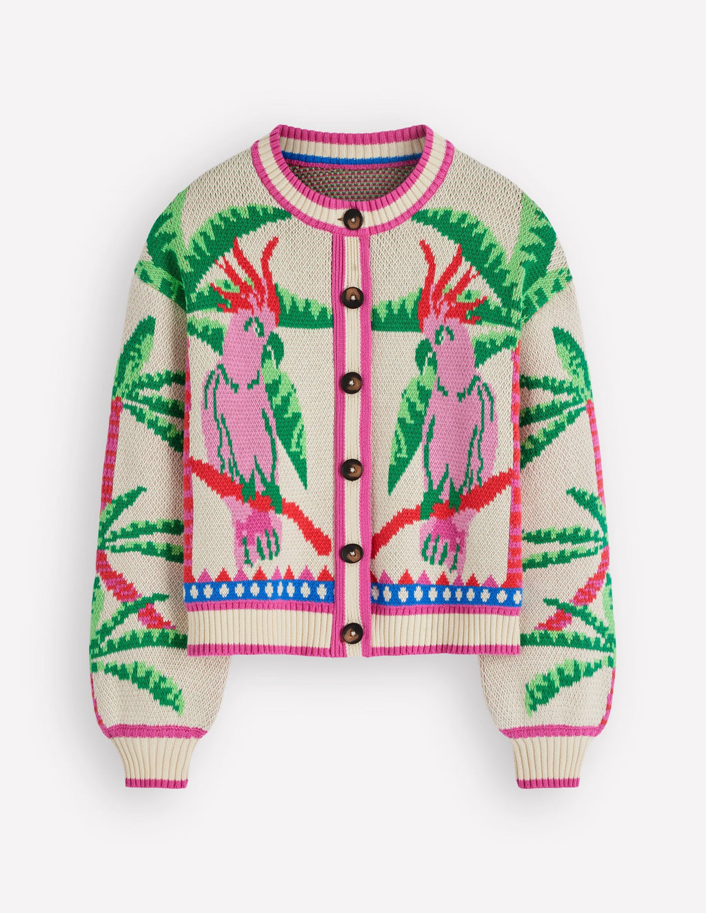 Abi Jacquard Cardigan-Warm Ivory, Palm Tree Birds
