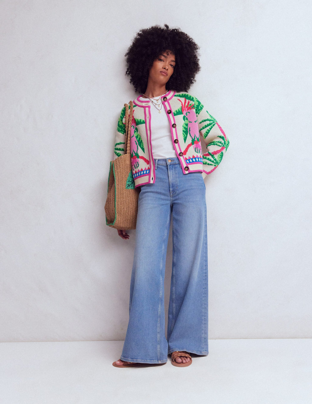 Abi Jacquard Cardigan-Warm Ivory, Palm Tree Birds