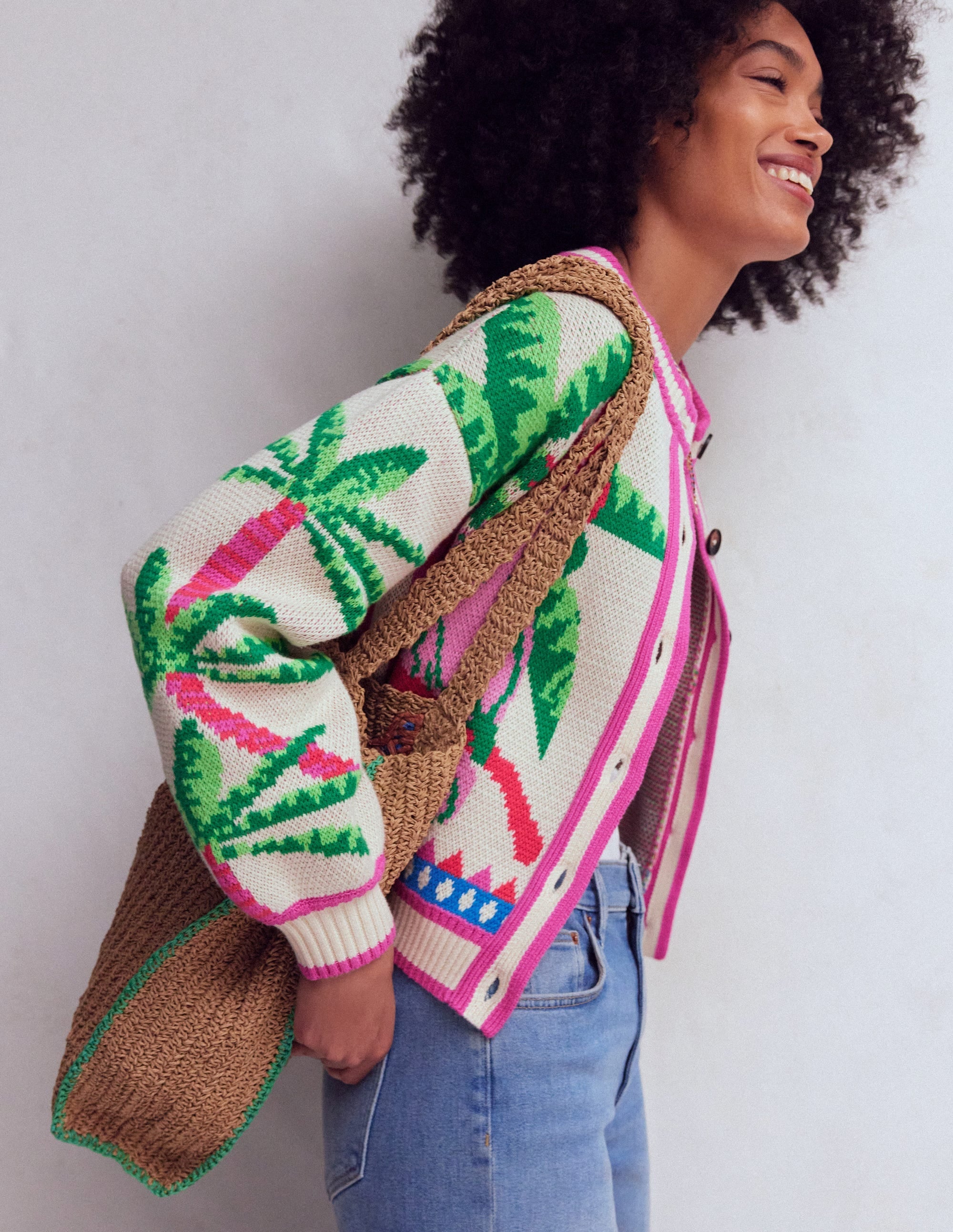 Abi Jacquard Cardigan-Warm Ivory, Palm Tree Birds