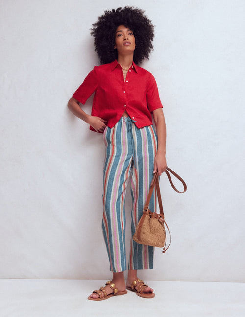 Islington Linen Crop Pants-Blue, Pink, Red Multistripe