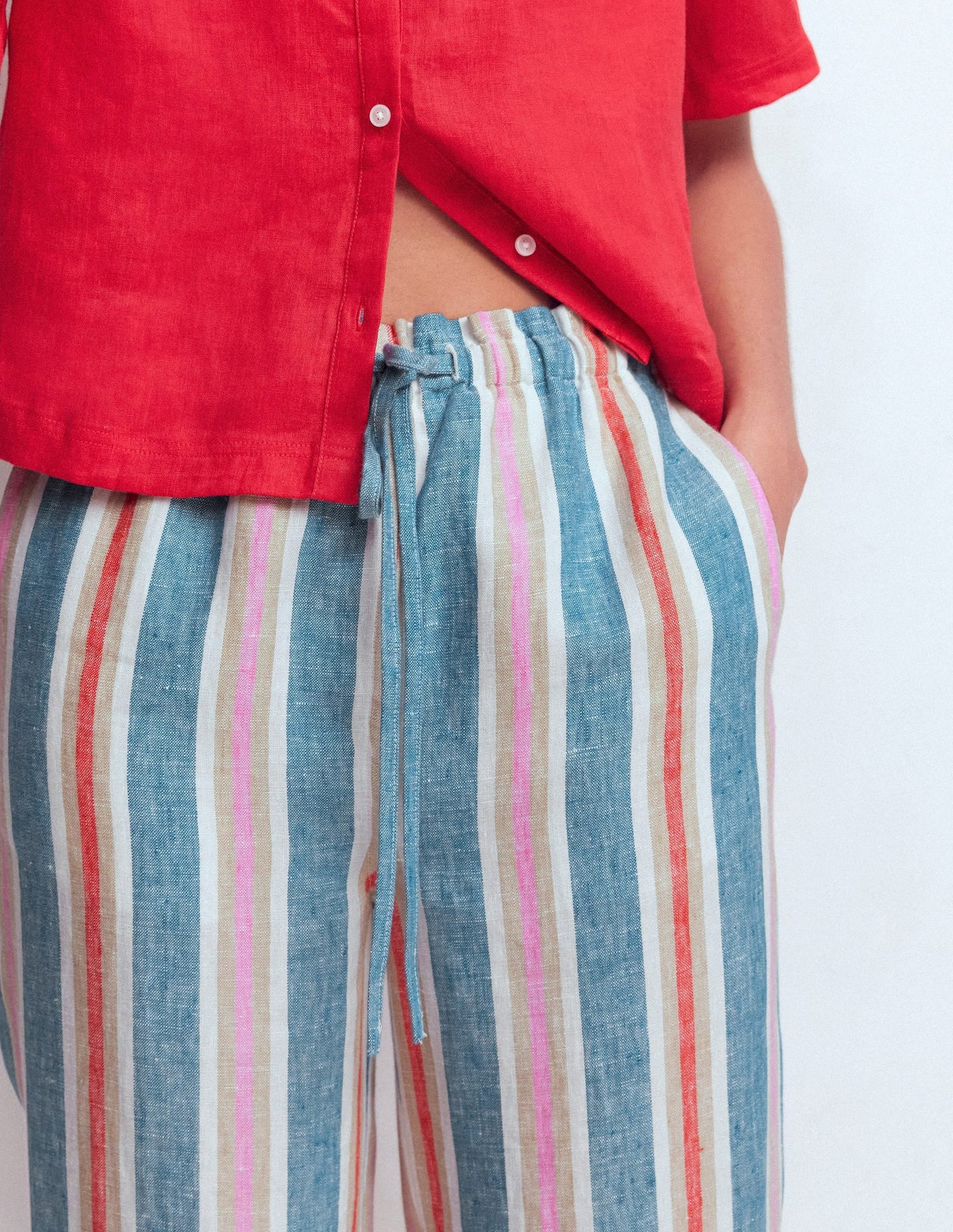 Islington Linen Crop Pants-Blue, Pink, Red Multistripe