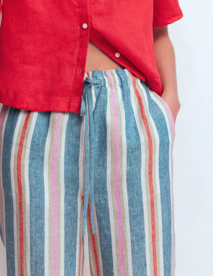 Islington Linen Crop Pants-Blue, Pink, Red Multistripe