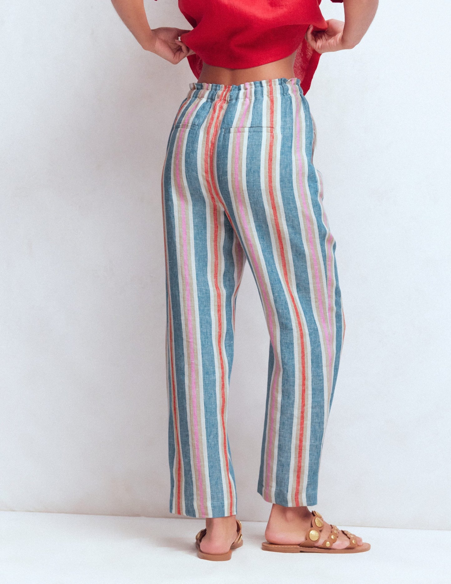 Islington Linen Crop Pants-Blue, Pink, Red Multistripe
