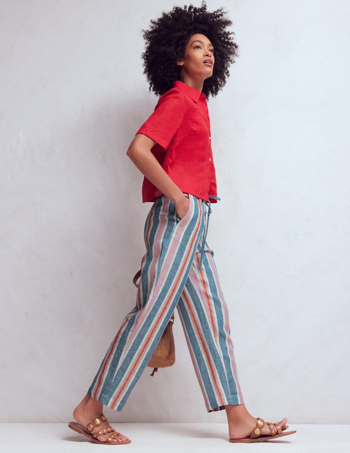 Islington Linen Crop Pants-Blue, Pink, Red Multistripe