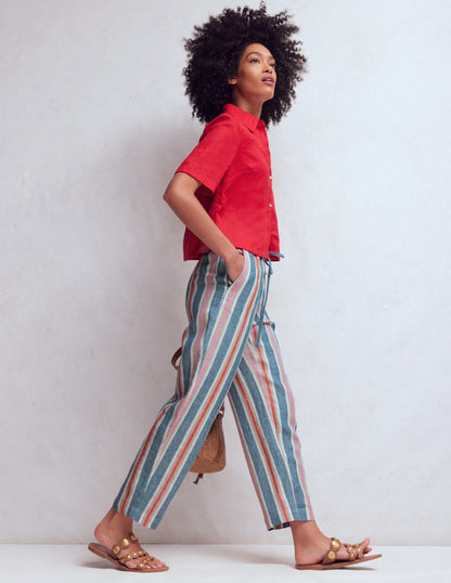 Islington Linen Crop Pants-Blue, Pink, Red Multistripe