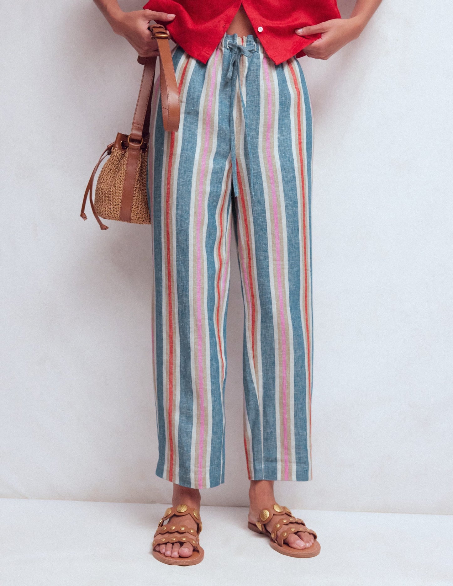 Islington Linen Crop Pants-Blue, Pink, Red Multistripe