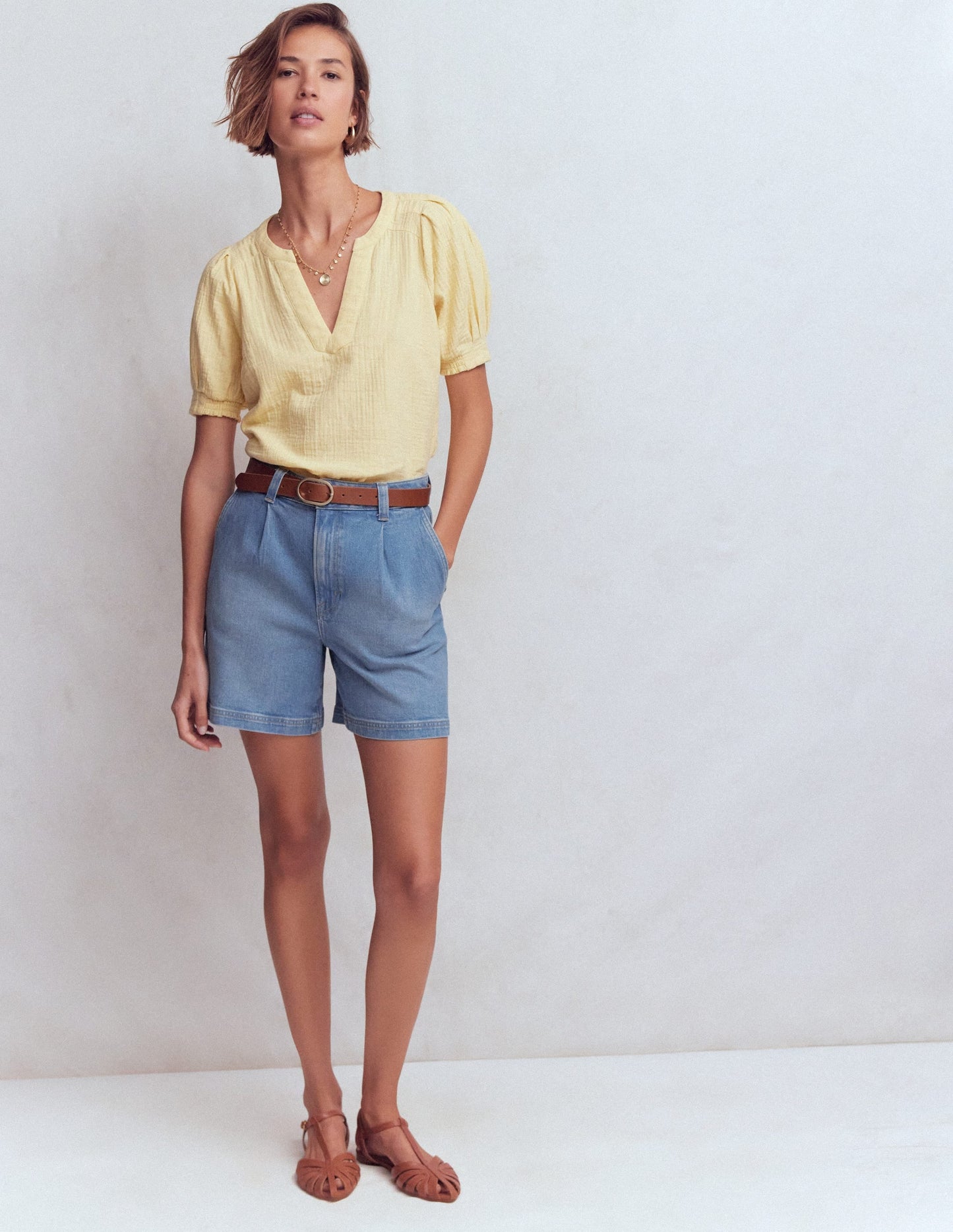 Pleat Front Denim Shorts-Light Vintage