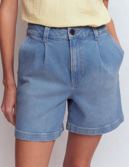 Pleat Front Denim Shorts-Light Vintage