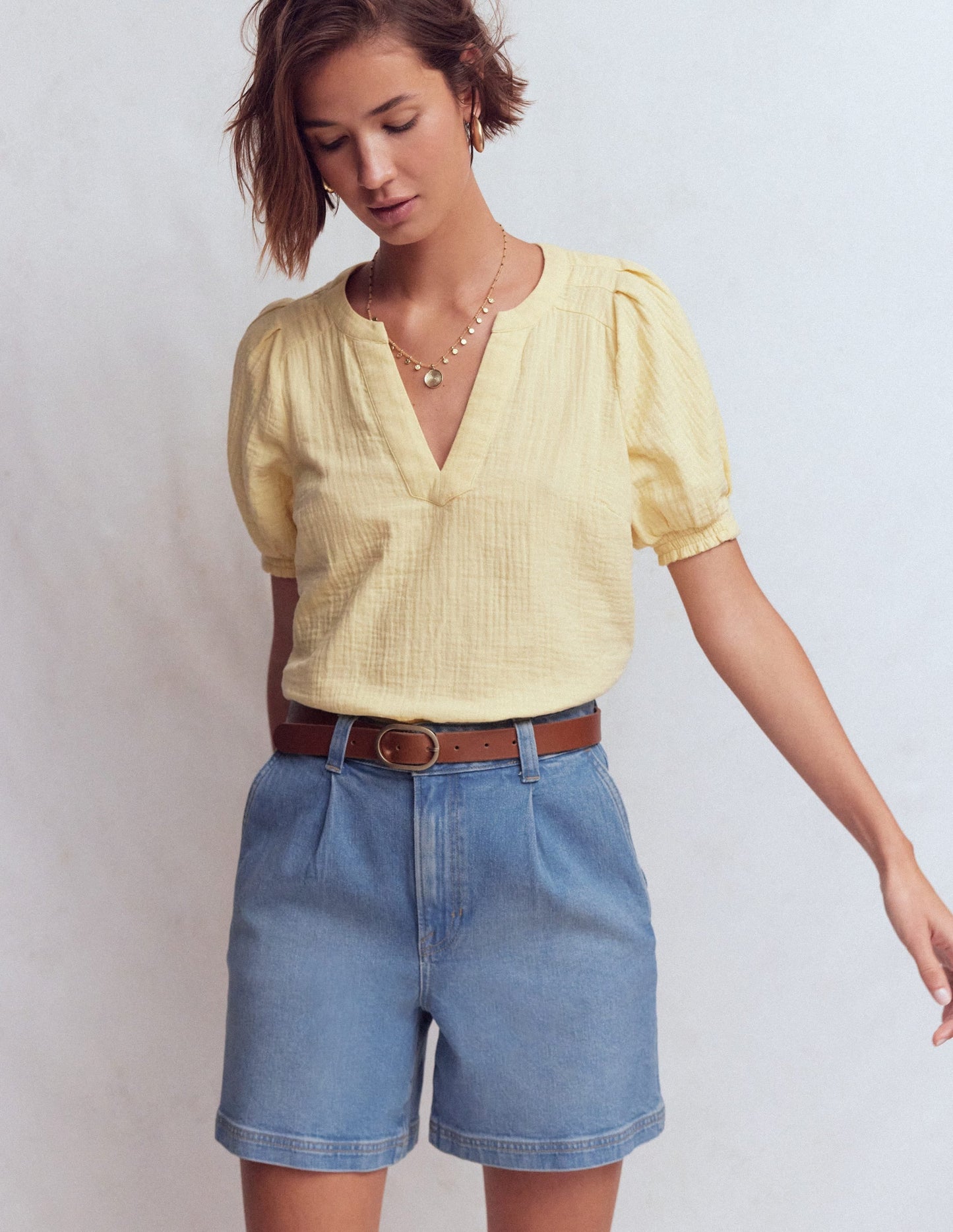 Pleat Front Denim Shorts-Light Vintage