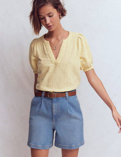Pleat Front Denim Shorts-Light Vintage