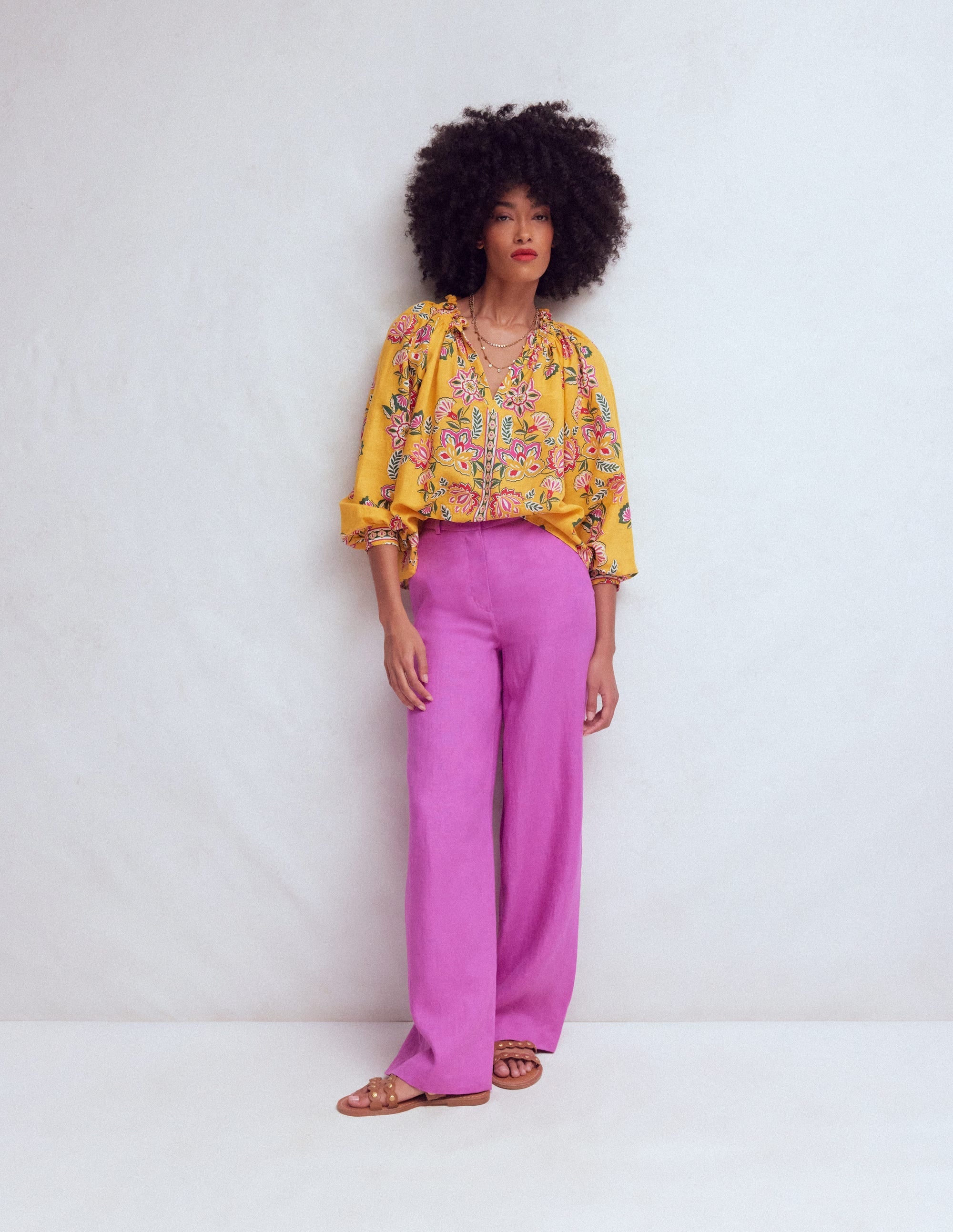 Serena Pleat Neck Linen Top-Marigold, Blossom Elegance