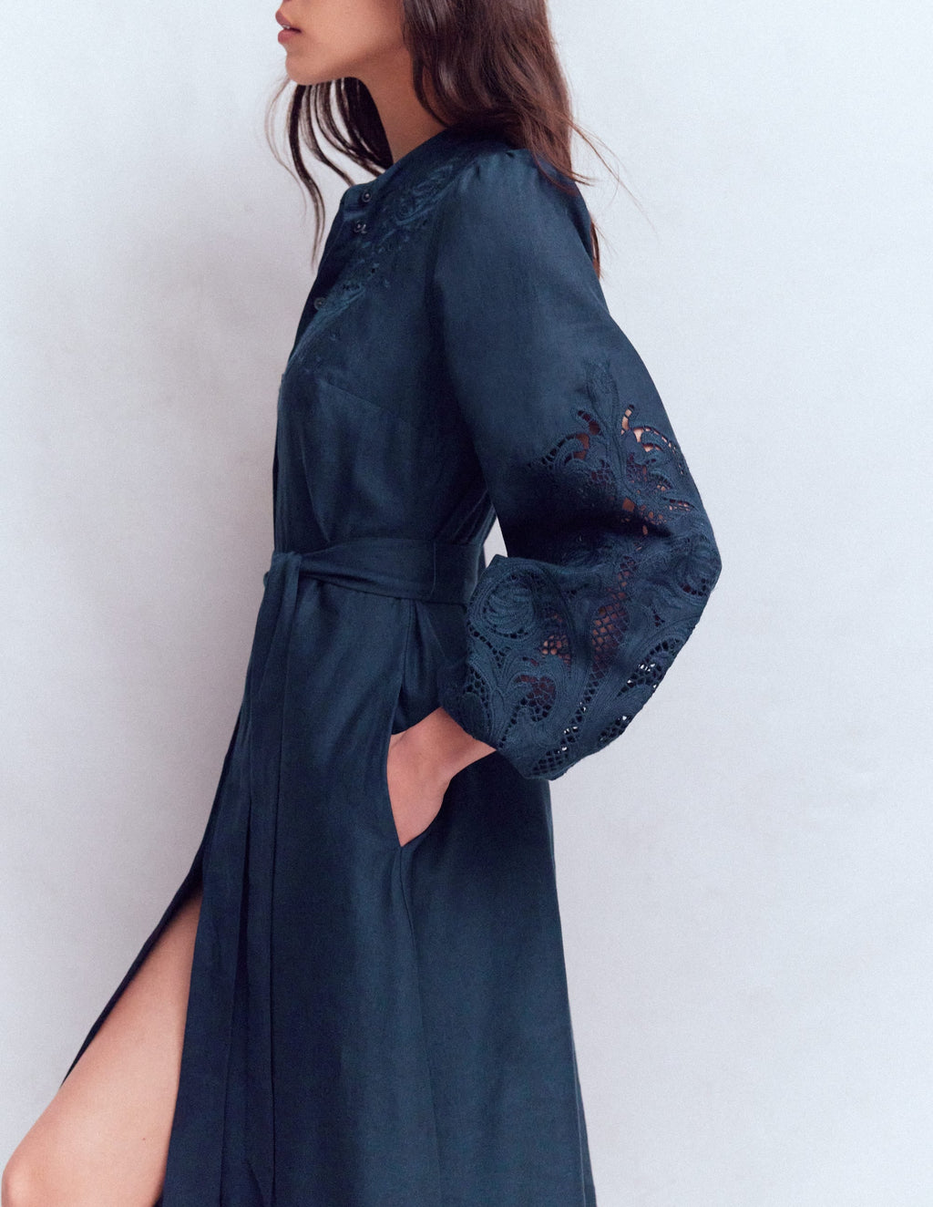 Mae Linen Blend Shirt Dress-Navy