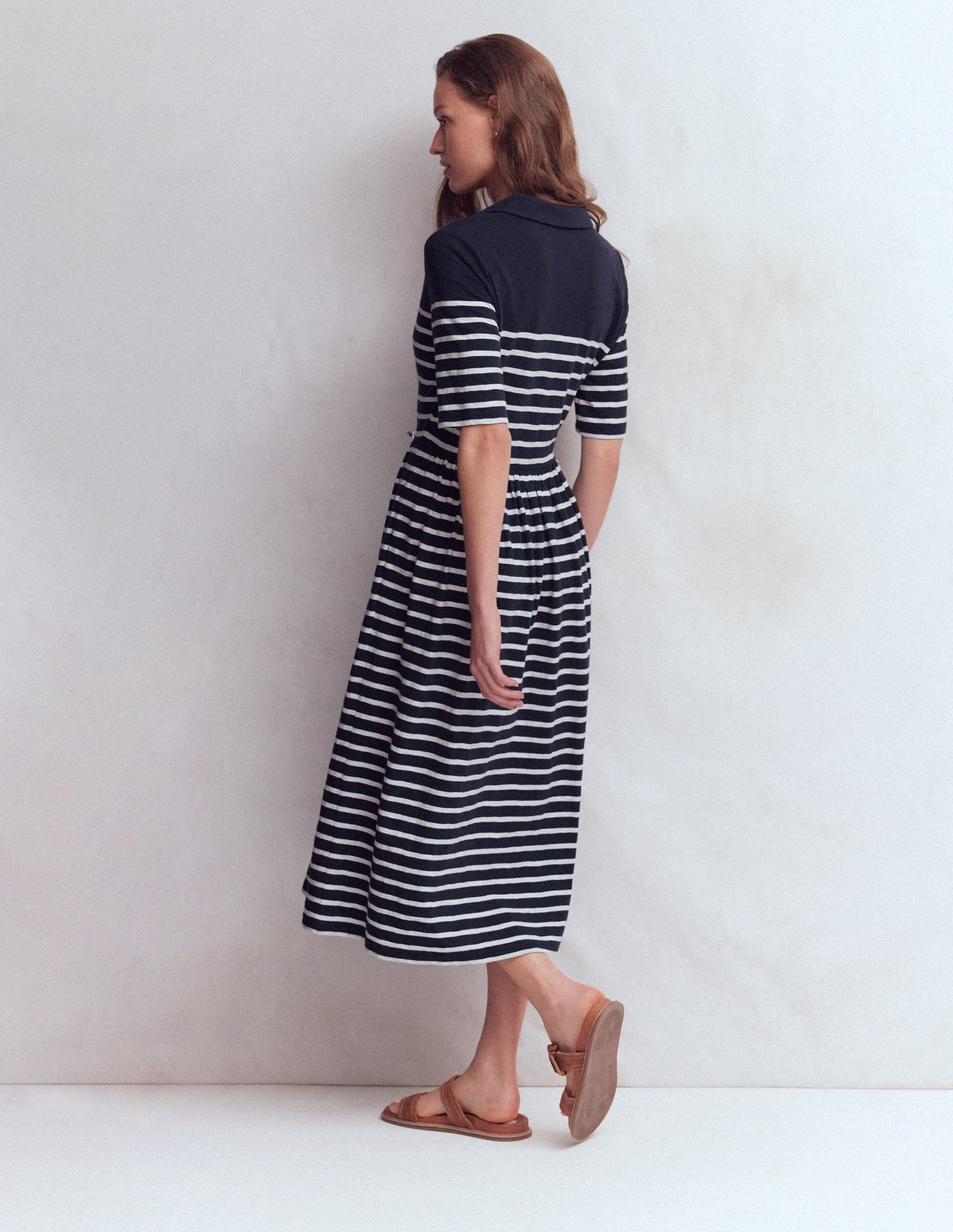 Aria Collared Jersey Dress-Navy, Ivory Stripe