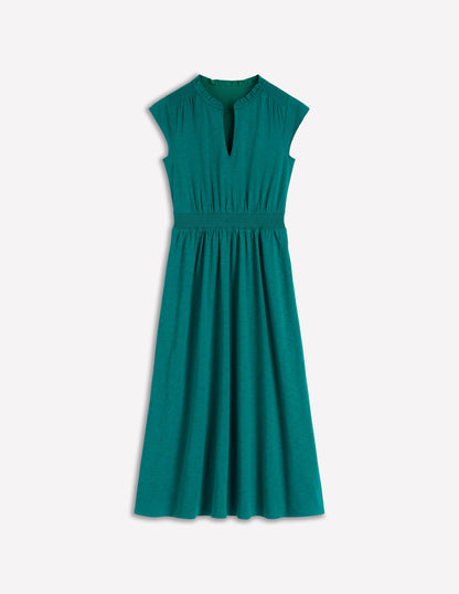 Alba Smocked Jersey Midi Dress-Drake Green
