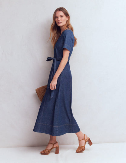 V-Neck Denim Dress-Mid Vintage