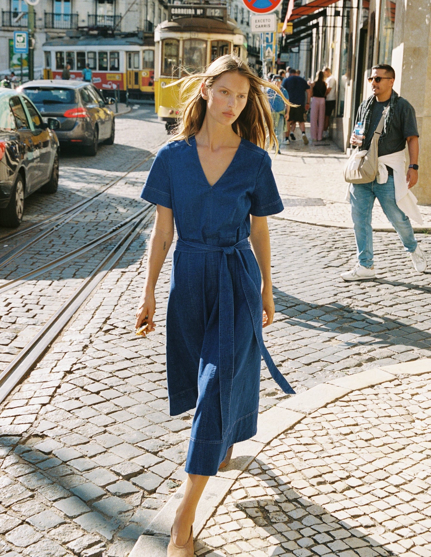 V-Neck Denim Dress-Mid Vintage