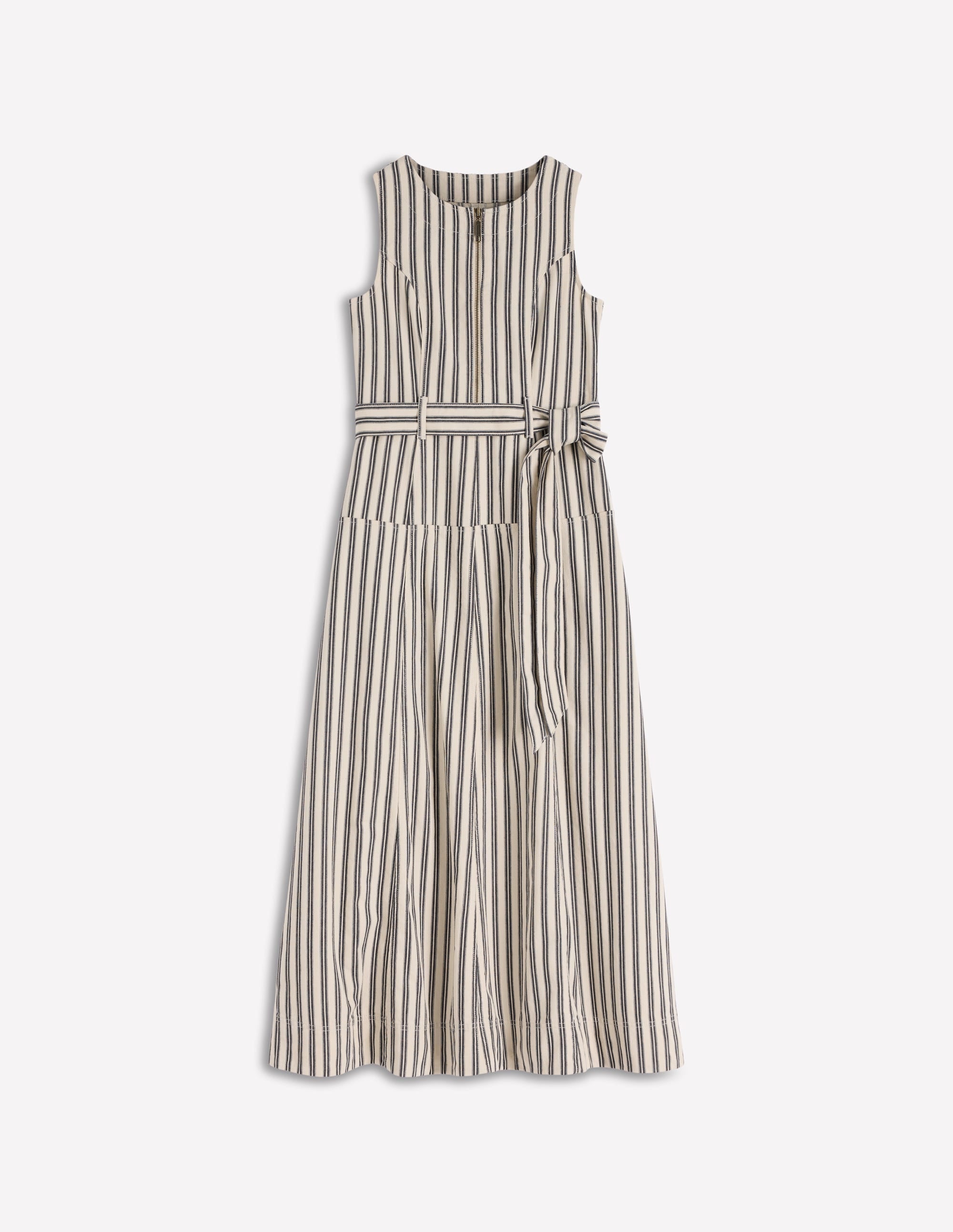 Sleeveless Zip Denim Dress-Ivory and Navy Stripe