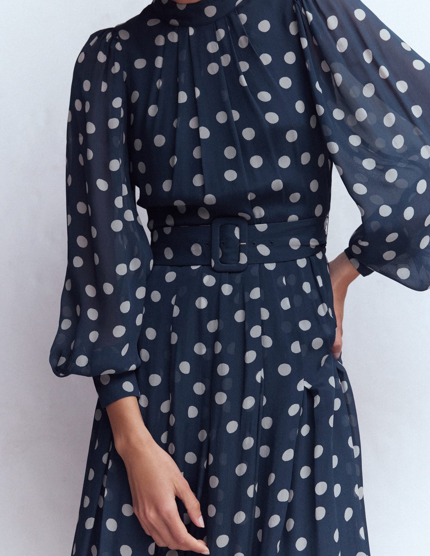High Neck Occasion Dress-French Navy, Painted Dot
