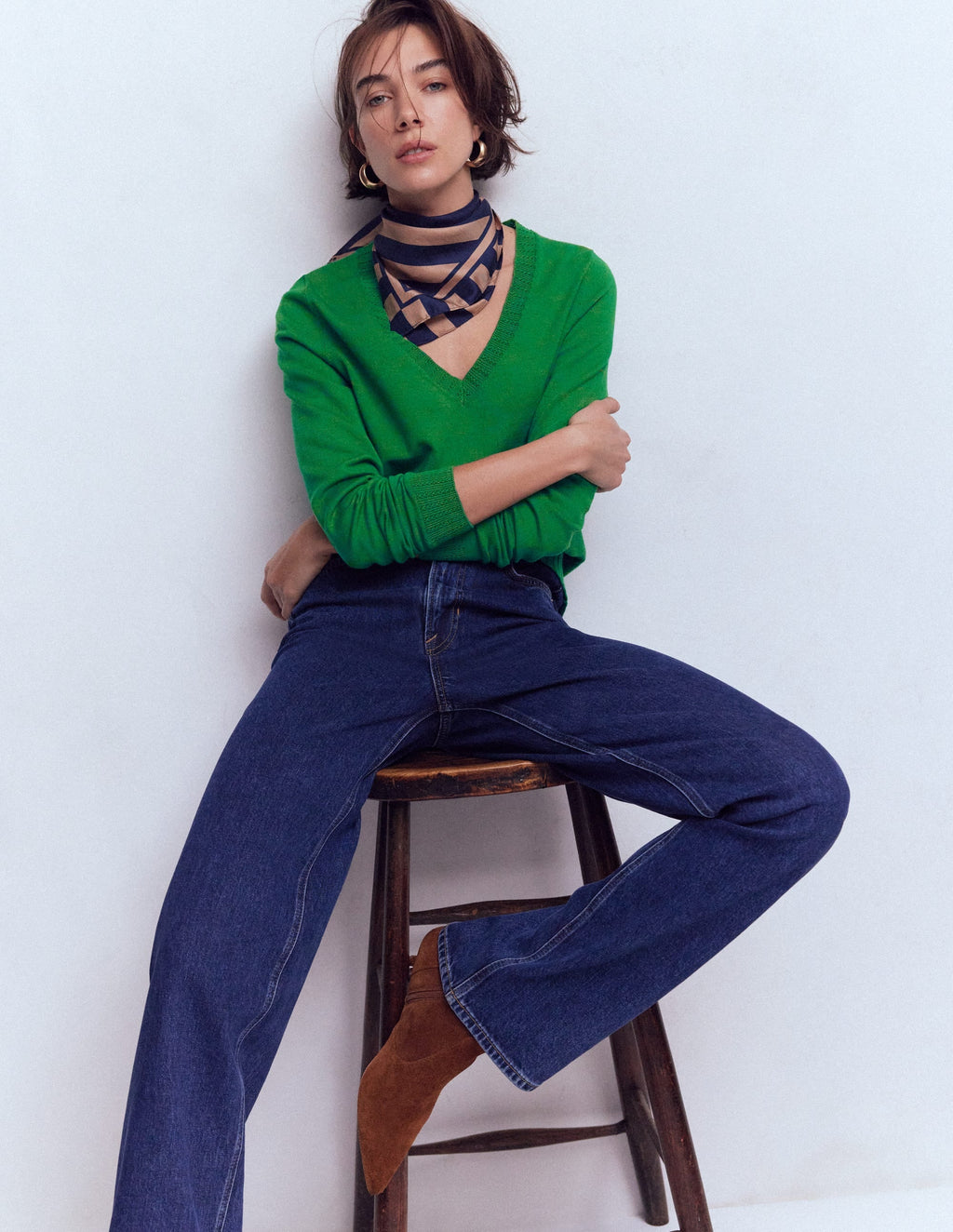 Emilia Cotton V Neck Sweater-Rich Emerald