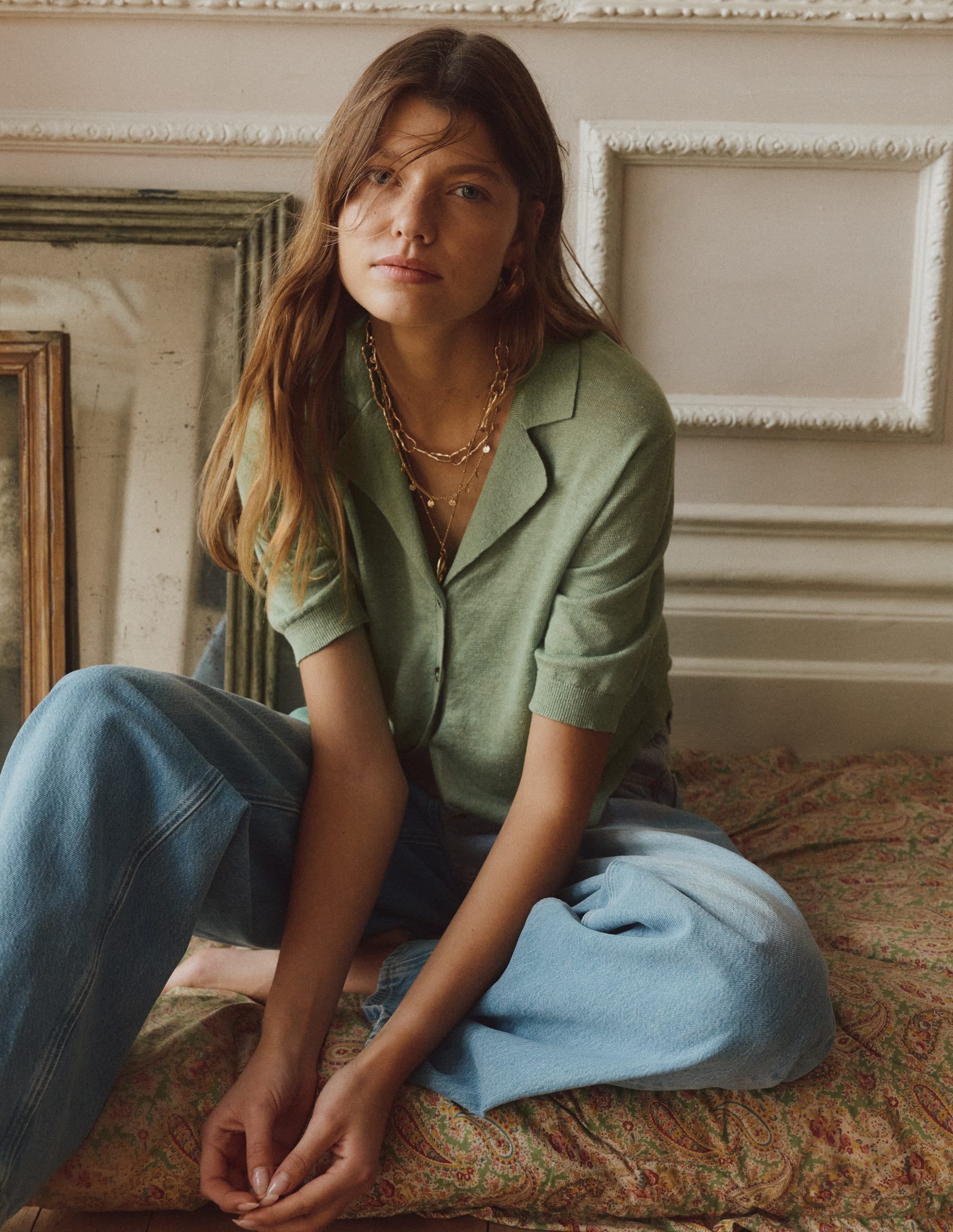 Agnes Collar Linen Cardigan-Green