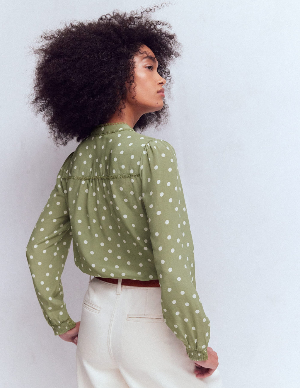 Rhea Trim Detail Silk Top-Larch Green, Painted Dot
