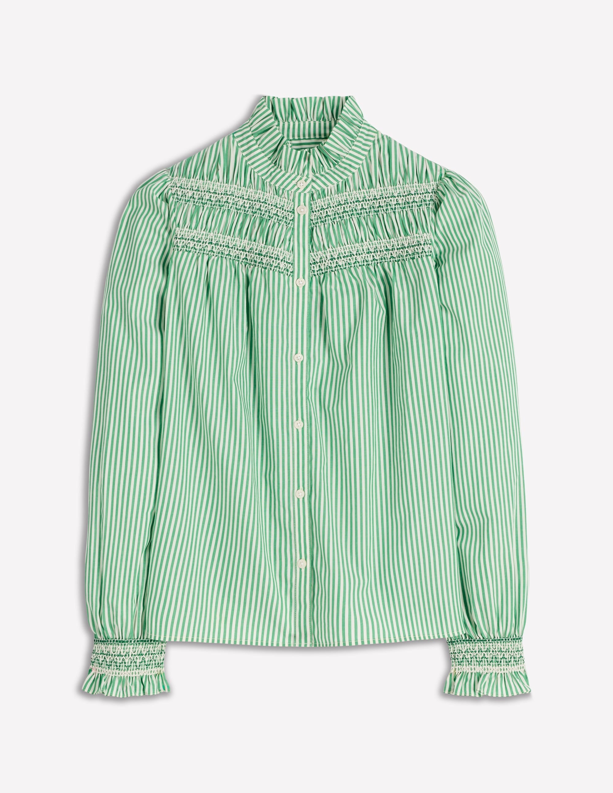 Esme Smocked Detail Frill Top-Highland Green, Ivory Stripe