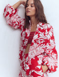 Puff Sleeve Linen Shirt-Merida Red, Botanical Flourish