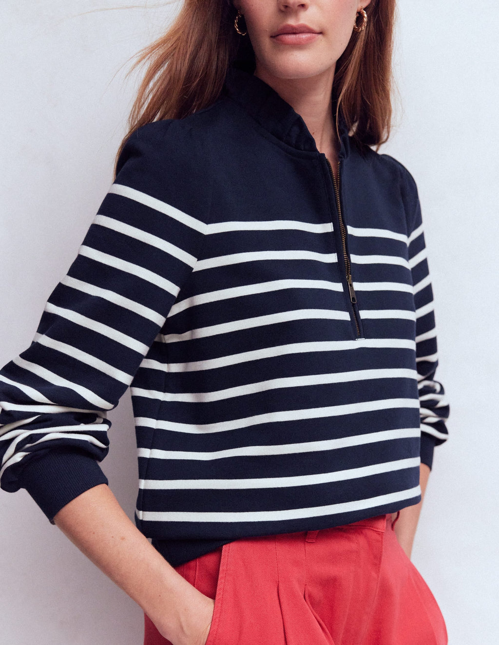 Half-Zip Frill Sweatshirt-Placement Stripe