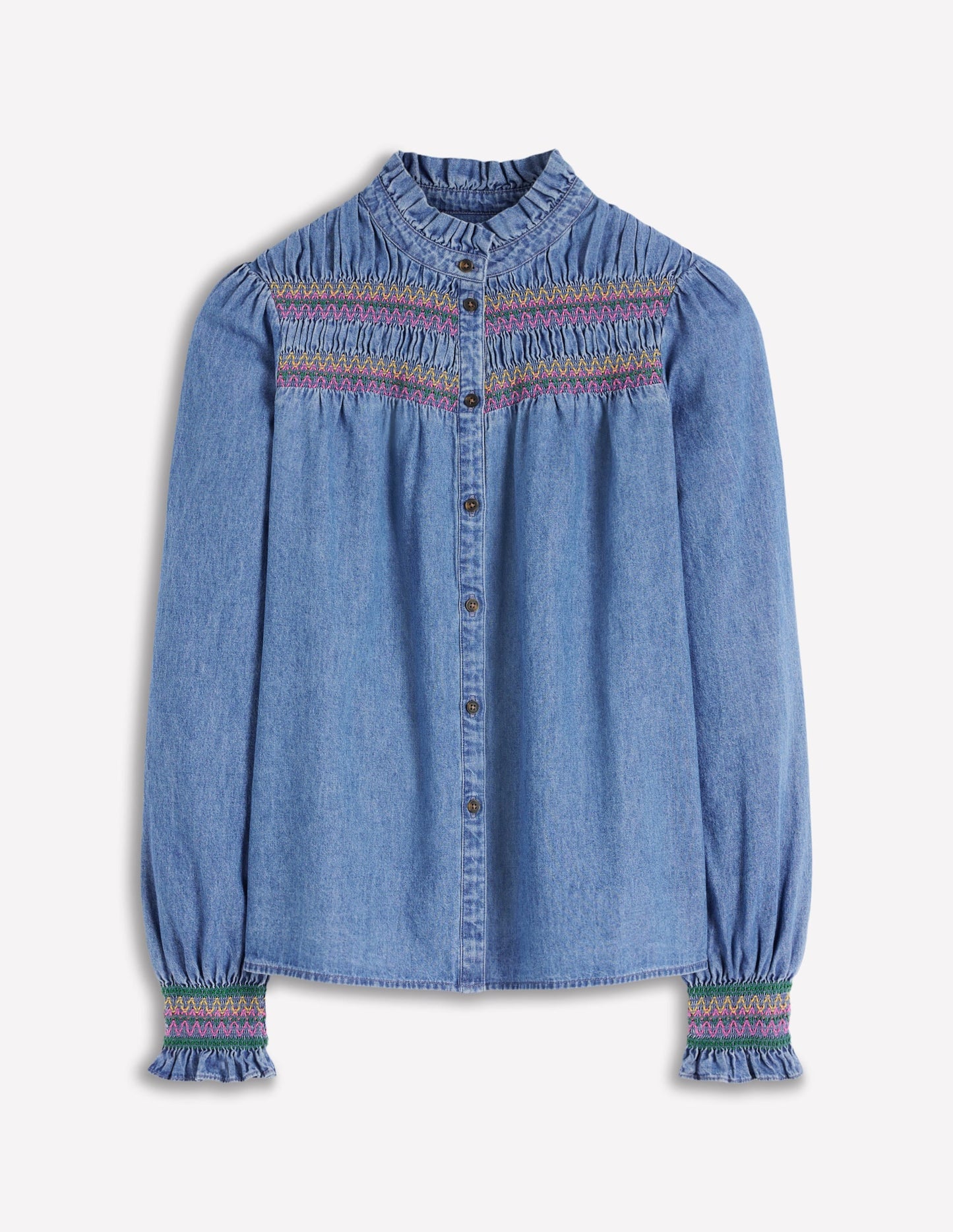 Esme Smocked Denim Frill Top-Light Authentic