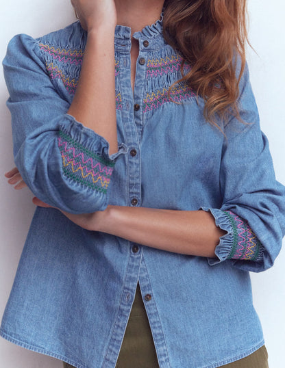 Esme Smocked Denim Frill Top-Light Authentic