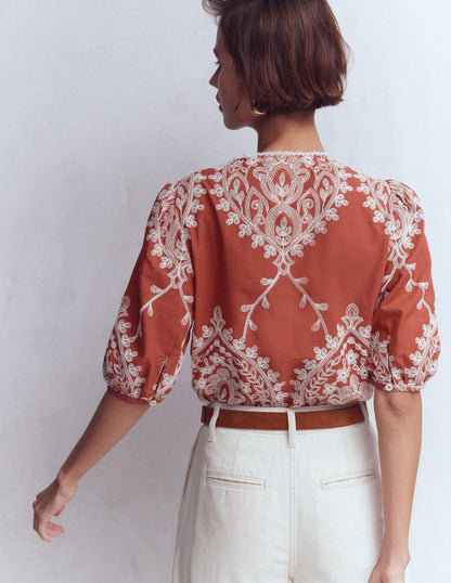 Leah Short Sleeve Interest Top-Red Floral Embroidery