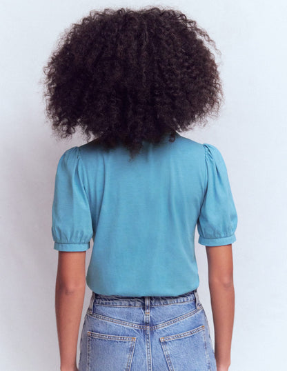 Short Sleeve Zip Collar Top-Silver Lake