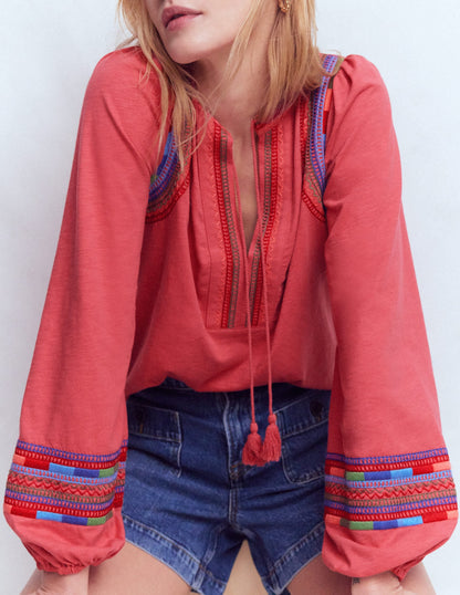 Notch Neck Embroidered Top-Holly Berry