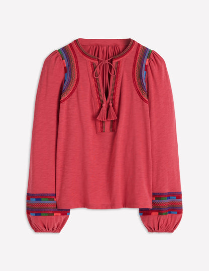 Notch Neck Embroidered Top-Holly Berry