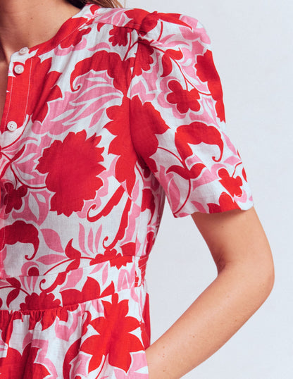Ivy Button Linen Midi Dress-Red Shadow Blossom