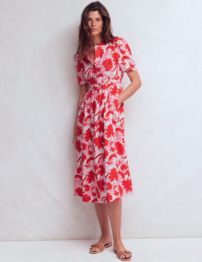 Ivy Button Linen Midi Dress-Red Shadow Blossom
