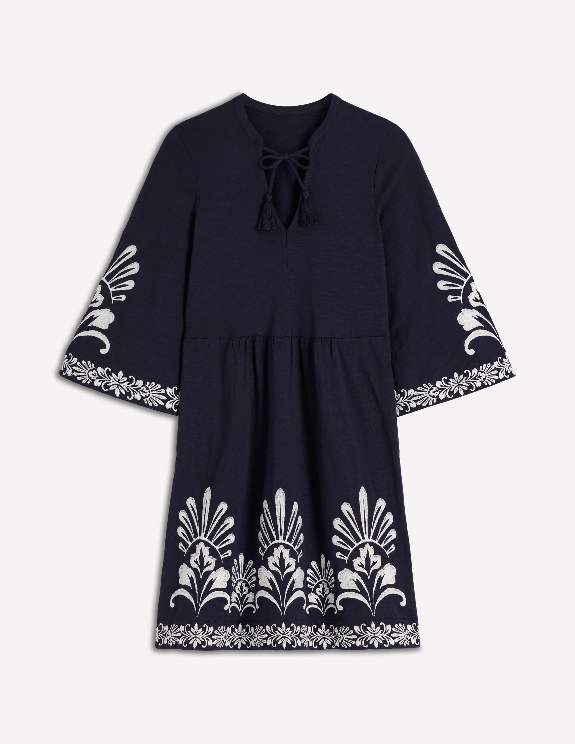 Short Kaftan Jersey Dress-Navy Embroidered