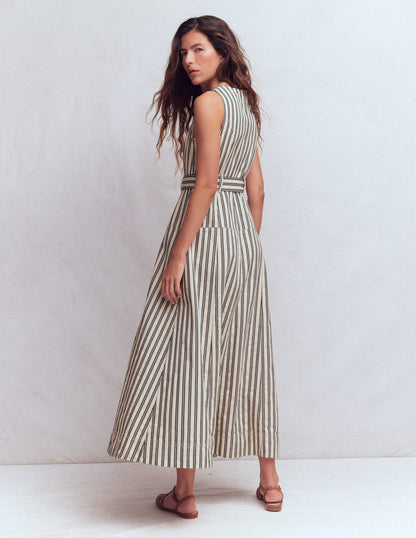 Sleeveless Zip Denim Dress-Ivory and Navy Stripe