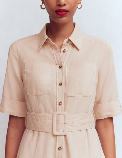 Ora Linen Blend Shirt Dress-Coffee
